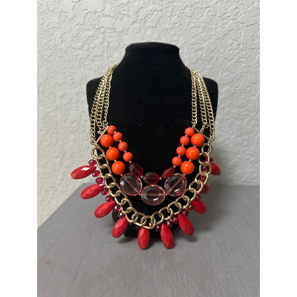 Talbots Coral & Gold Statement Chunky Bib Necklace – Summer Jew